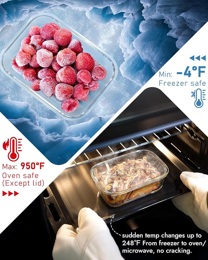 12-Pack Glass Containers with Tempered Lids – Borosilicate, Oven-Safe(-4°F~950°F), Airtight, BPA-Free, Multi-Size for Meal Prep, Dishwasher Safe, 1.6 cups to 6.4 cups (Gray)