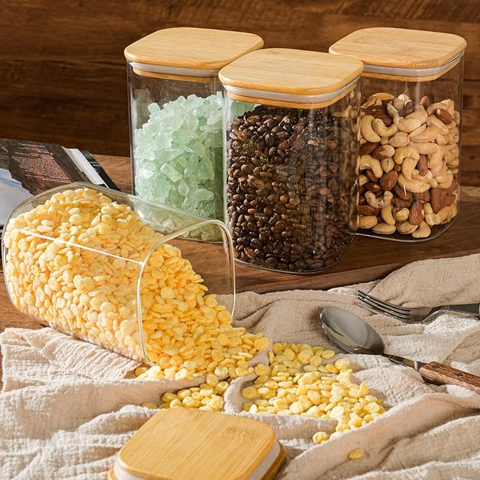 D2scrma 37oz Airtight Glass Square Storage Canister with Bamboo Lid Set of 4 (1100ml) Container Stackable Jar, Kitchen Canister for Pantry Noodles, Flour and Coffee beans (‎with Black Lable)
