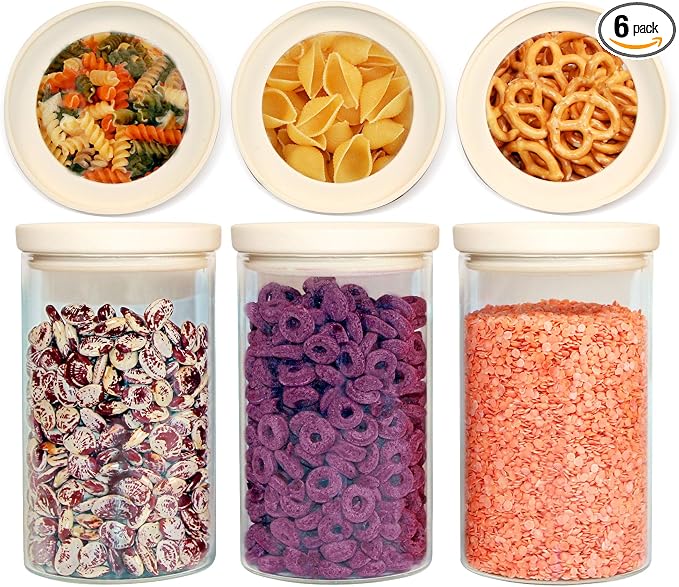 Glass Food Storage Jar with Glass Lid, Food Canister Set with Airtight Lids, Pantry Jar for Kitchen Organization. Food Storage Container Set in 6 pack of 26oz