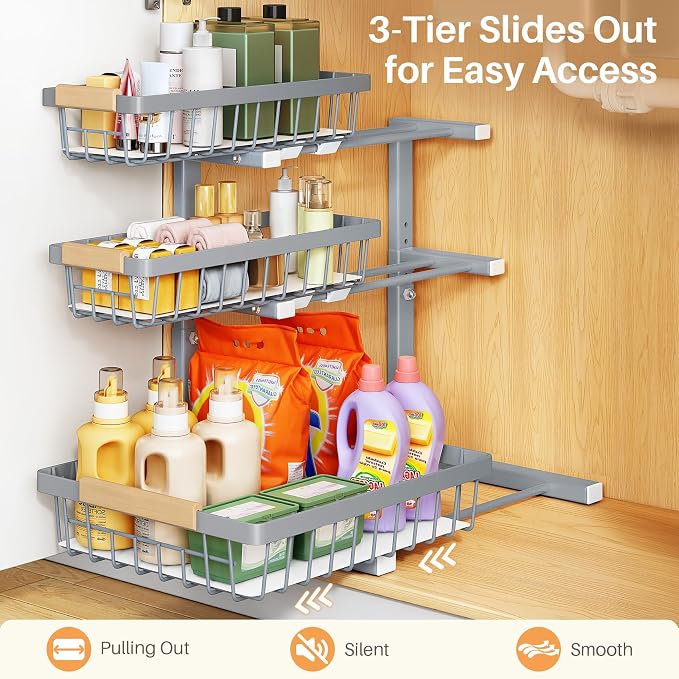 PXRACK Under Sink Organizer, 2-Pack 3-Tier Height Adjustable Thickened Metal Pull out Cabinet Organizer Shelf, Slide out Storage Drawer Rack for Bathroom Kitchen Pantry Home Organization, Grey