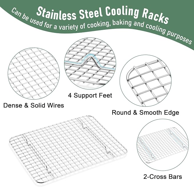 Homikit Baking Sheet with Wire Rack Set (1 Pan+1 Cooling Rack), 12" x 10" | Stainless Steel Quarter Sheet Pan with Grid Cooling Rack for Toaster Oven Roasting, Metal Bacon Cookie Trays with Baking Rack