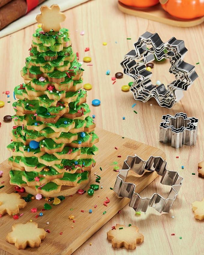 Snowflake Cookie Cutter Set, 9 PCS Snowflake Shaped Biscuit Molds, 3D Christmas Tree Cookies with Like Cookie Display, 4.6in~1.5in Cutter for Holiday Winter Christmas, Come with Storage Box