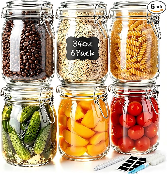 34oz Large Glass Storage Jars with Airtight Lids, 6 Pack - Wide Mouth | Food-Grade Glass Canisters & Pickling Jars for Pantry, Overnight Oats & Flour. Stainless Steel Clamp & 2.8mm Silicone Seal
