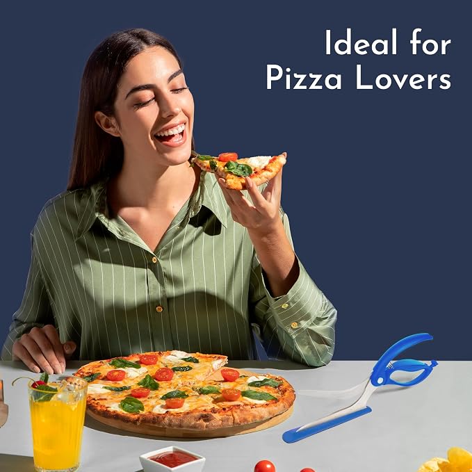 Pizza Scissors - Non-Stick Pizza Scissors with Firm Grip Base - Food Grade Stainless Steel Pizza Cutter - 5-in-1 Food Slicer & Pizza Server - Durable, Safe & Mess Free - Blue