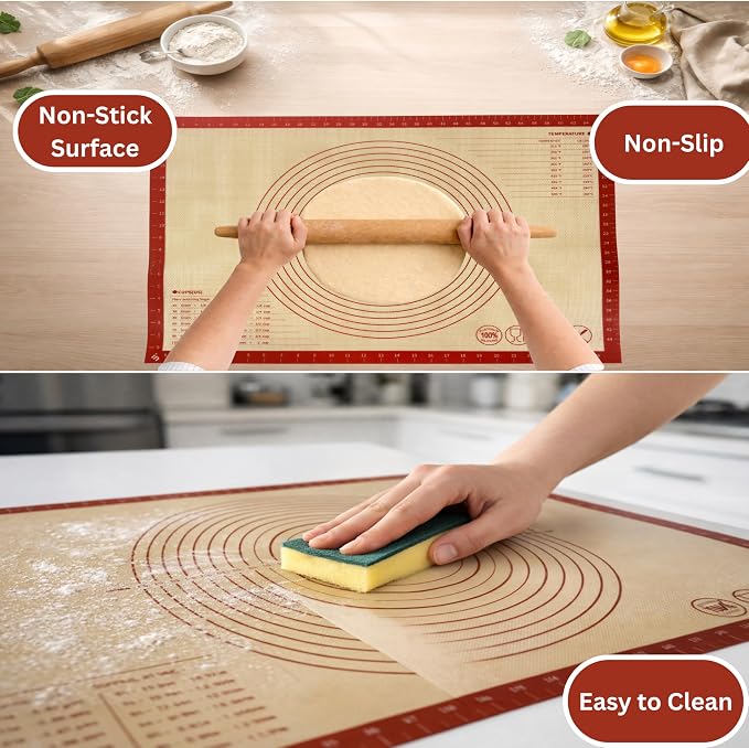Silicone Pastry Mat with Measurements, 26 x 16 Inch Extra Thick Non-Slip Nonstick Large Baking Mat for Dough Rolling, Kneading, Fondant and Pie, Red