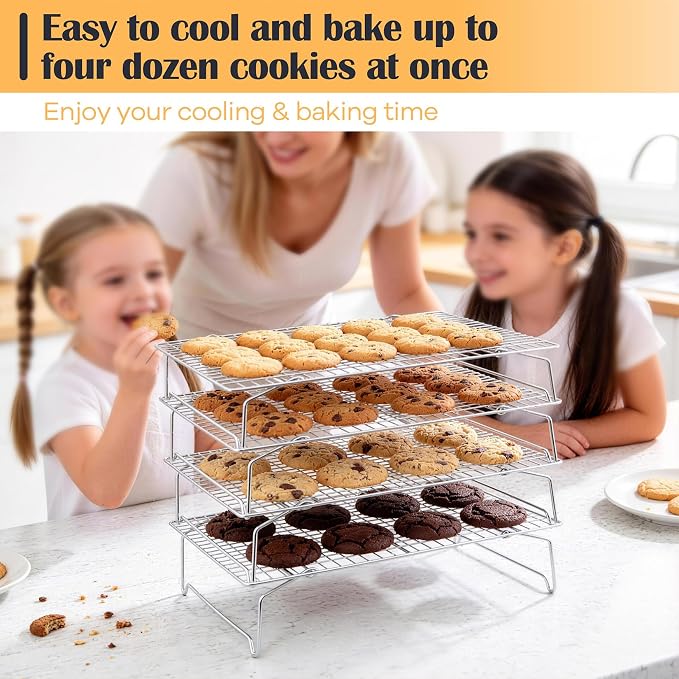P&P CHEF 4 Tier Stackable Cooling Racks for Cooking and Baking, 15" x 10" | Stainless Steel Stackable Grid Cooling Rack for Cooling Roasting Grilling, Collapsible & Heavy Duty, Oven & Dishwasher Safe