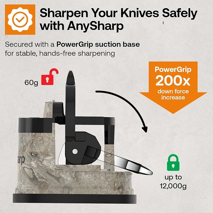 AnySharp – Editions – Hands Free Knife Sharpener - Easy to Use Sharpening Tool with PowerGrip Suction Base and 20-Degree Pre-Set Angle - for All Knives: Chef's, Serrated, and Hardened Steel - Stone