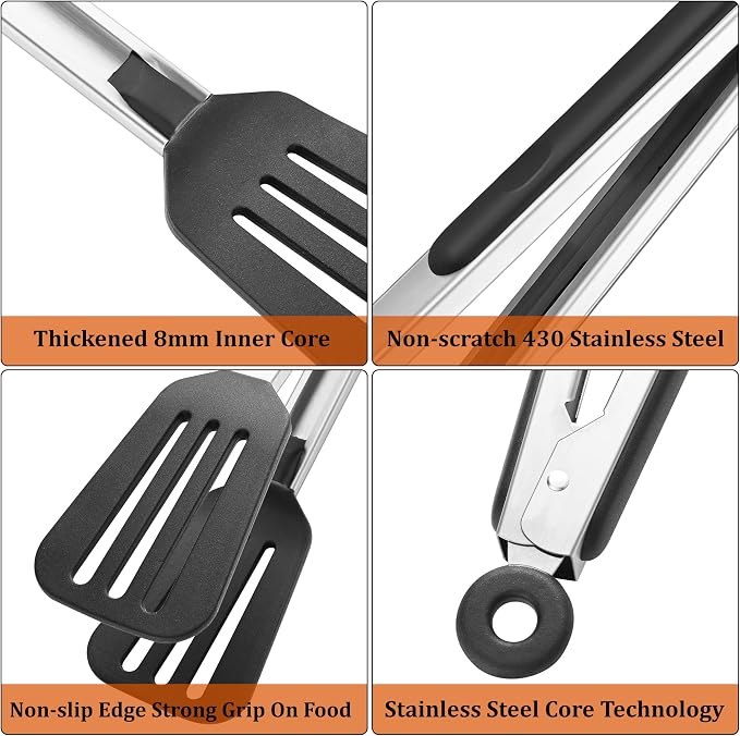 3 PCS Kitchen Tongs with Silicone Tips, 9 & 12-Inch Heat Resistant Silicone Tongs for Cooking Stainless Steel Spaghetti Tong Pasta Tong for Serving Food, Spaghetti, Pasta, BBQ, Salad (3 PCS)