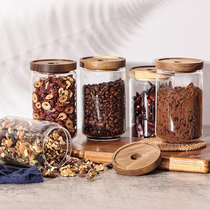 Anwoi 6-Pack Glass Pantry Storage Jars with Airtight Acacia Wood Lids – 23 oz Lead-Free Thick Glass Canisters with Silicone Seal, Labels & Marker Included