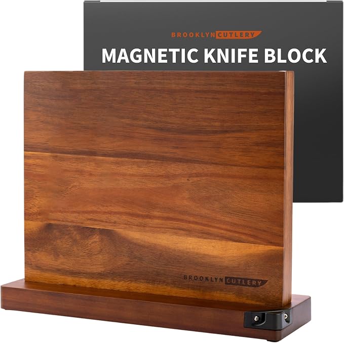 Magnetic Knife Block, Acacia Wood Magnetic Knife Holder for Kitchen Counter Universal Knife Block Without Knives (12 x 10 With Sharpener)