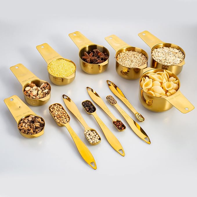 13-Piece Measuring Cups and Spoons Set, 18/8 Stainless Steel, Gold | Clearly Marked US and Metric Measurements, 7 Cups and 6 Spoons Nest for Dry and Wet Ingredients in Cooking and Baking