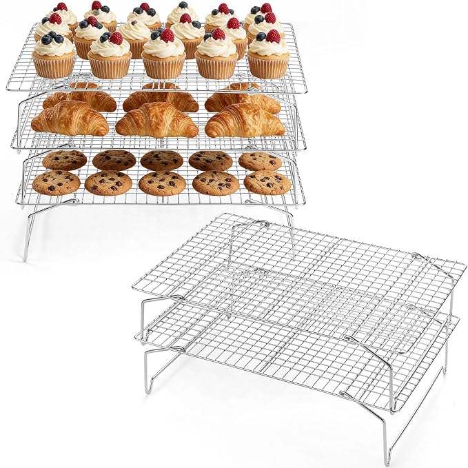 P&P CHEF 5 Tier Stackable Cooling Racks for Cooking and Baking, 15" x 10" | Stainless Steel Stackable Grid Cooling Rack for Cooling Roasting Grilling, Collapsible & Heavy Duty, Oven & Dishwasher Safe