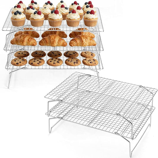 P&P CHEF 5 Tier Stackable Cooling Racks for Cooking and Baking, 15" x 10" | Stainless Steel Stackable Grid Cooling Rack for Cooling Roasting Grilling, Collapsible & Heavy Duty, Oven & Dishwasher Safe