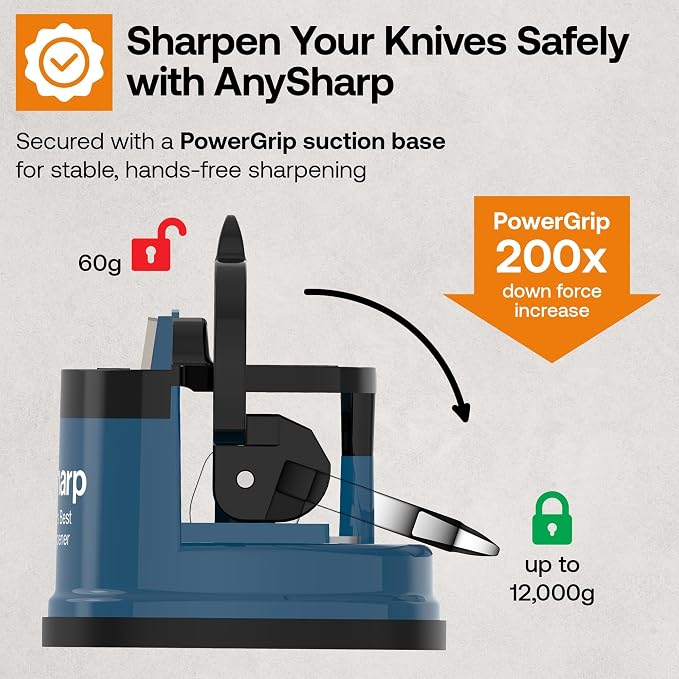 AnySharp – Global – Hands Free Knife Sharpener - Easy to Use Sharpening Tool with PowerGrip Suction Base and 20-Degree Pre-Set Angle - for All Knives: Chef's, Serrated, and Hardened Steel - Blue