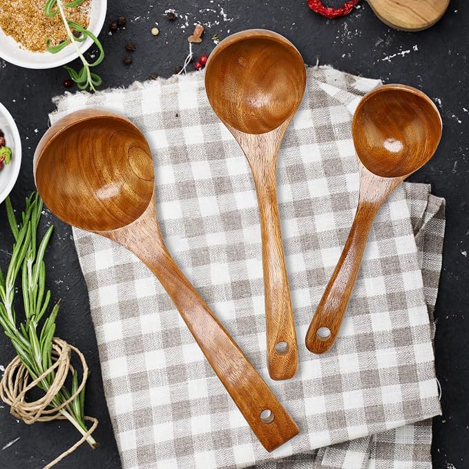 3 Pack Wooden Ladles for Serving Spoon Soup Ladle Wood Spoons for Cooking Ladel Large Spoon Kitchen Tools Ladles Big Spaghetti Spoon Laddle Non Toxic Soup Spoons Teak deep Ladle