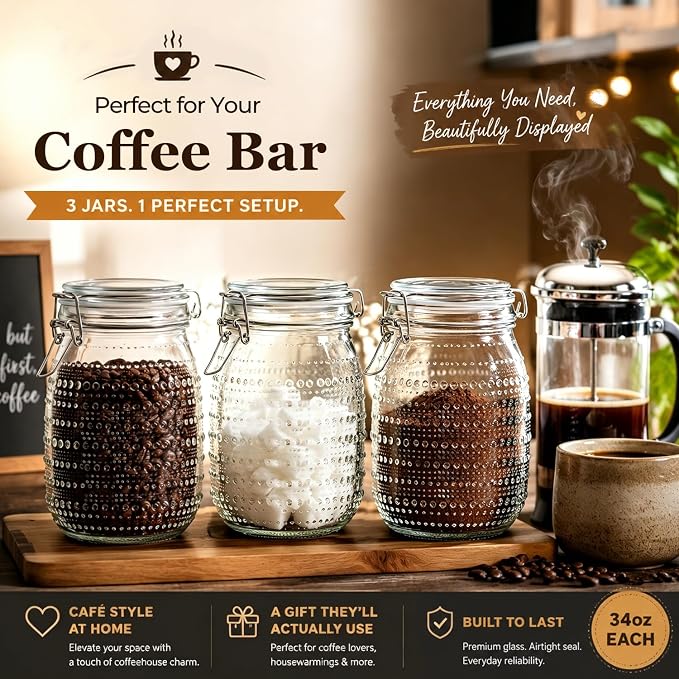 ComSaf Round Glass Jars with Airtight Lids 34 oz 3 Pack Wide Mouth Hobnail | Sugar snacks, Coffee bar Decor, Tea station, Kitchen counter display, Clear body, Kitchen storage, Pantry organization