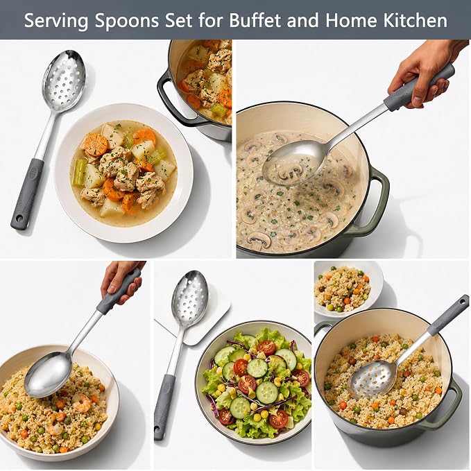 Serving Spoon Set with Silicone Handles,2-Piece spoon | Stainless Steel Serving Spoon, Slotted Spoon & Soup Ladle Set for Buffet and Home Kitchen