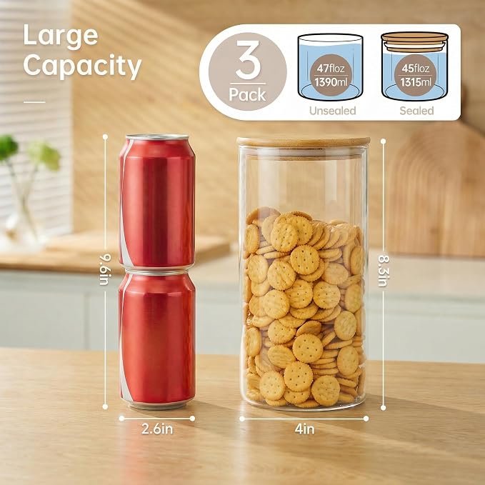 45 oz Round Glass Food Storage Containers with Airtight Bamboo Lids, 3 Pack | Tall Pantry Jars for Flour, Sugar & Pasta, Durable Borosilicate Glass Canisters Keep Food Dry & Fresh, Easy to Fill & Clean