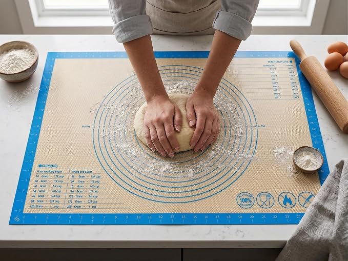 Silicone Pastry Mat with Measurements, 28 x 20 Inch Extra Thick Non-Slip Nonstick XL Baking Mat for Dough Rolling, Kneading, Fondant and Pie, Blue
