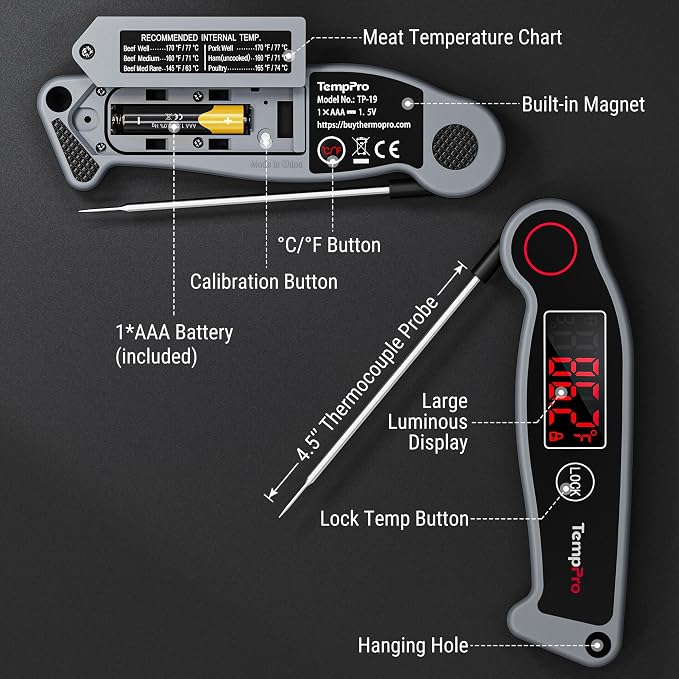 TempPro TP19 Waterproof Digital Meat Thermometer for Grilling with Ambidextrous Backlit & Thermocouple Instant Read Kitchen Cooking Food Thermometer for Candy Water Grill Smoker (Previously ThermoPro)