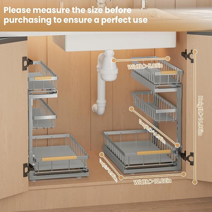 Under Sink Organizer and Storage for Bathroom and Kitchen - 2 Pack 3 Tier | Cabinet Pull Out Shelf Organizers - Slide Out Drawer Organization for Home Cabinets Shelves and Drawers