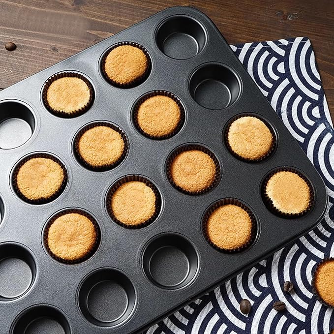 Nonstick 24 Cups Mini Muffin Pan with Extended Handles for Easy Grip, Carbon Steel Steel to Promoted Even Baking, Dishwasher Safe (Black)