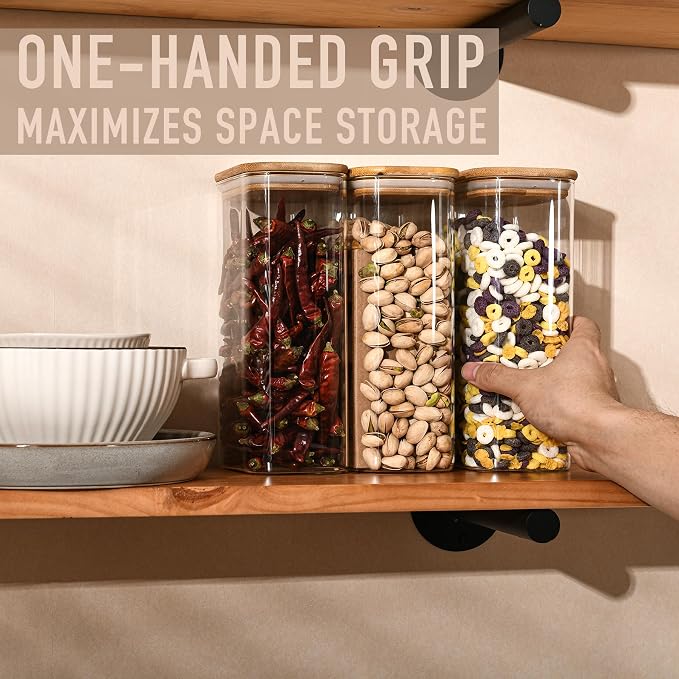 D2scrma 56oz Rectangle Airtight Glass Storage Containers with Bamboo Lids (Set of 3), Square Food Storage Jar, Pantry Organizers for Oats, Cereal, Pasta and Coffee beans (‎with Black Lable)