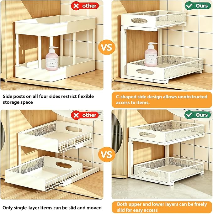 2 Pack Under Sink Organizer, 2-Tier Pull Out Kitchen Cabinet Organizer, Height Adjustable Metal Slide Out Bathroom Organizers and Storage Makeup Drawer Organizer for Office Bedroom(A-White, 2Pack)