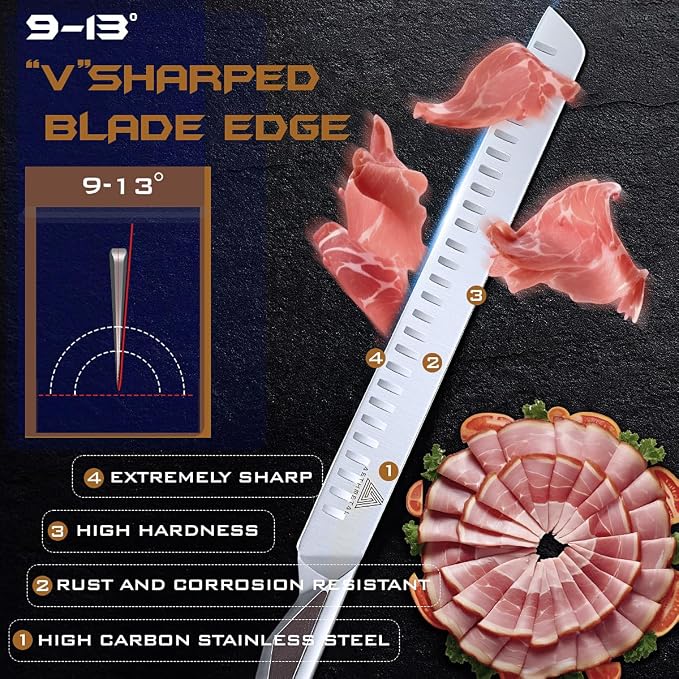 Brisket Slicing Knife, 12 Inch Carving knife - German High Carbon Steel, Full Tang Handle, BBQ Meat Cutter with Ergonomic Grip for Brisket, Beef Roast, Ham & More
