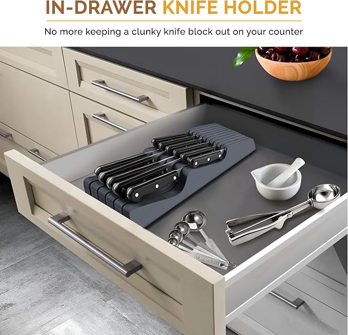 Grey Knife Drawer Organizer - In Drawer Knife Block with 16 Knife Slots, Bamboo Knife Holder Insert, Safe Blade Down Knife Storage Tray for Kitchen Drawers, Cutlery Utensil Holder, Knife Rack, Gray