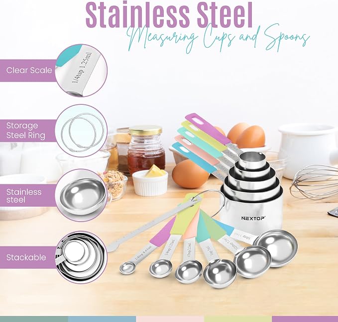 Nextop 14-Piece Stainless Steel Measuring Cups and Measuring Spoons Set with All Stackable Sizes and Leveler for Dry Ingredients, Complete Set for Kitchen & Baking Measuring Tools (Purple Set)