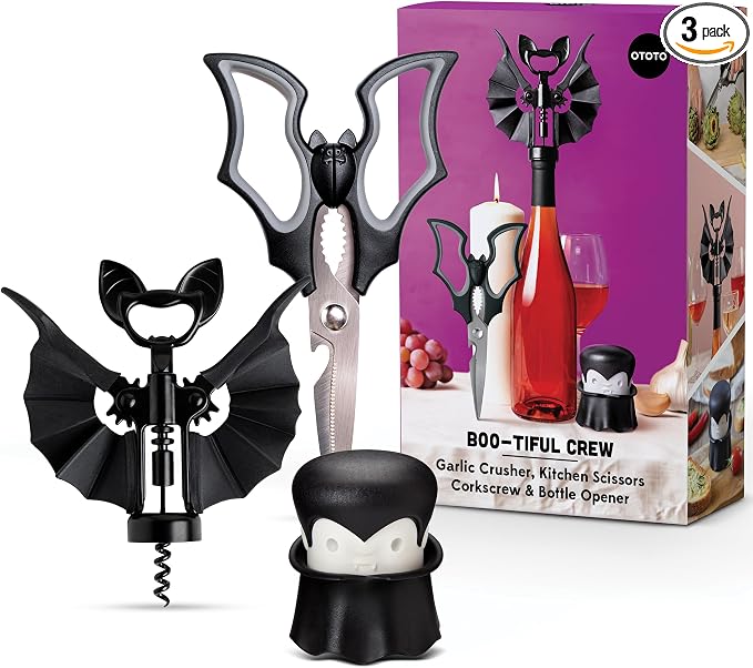 Boo-tiful Crew Bundle of Elizabat, Vino, Gracula - Halloween Kitchen Decor Goth Accessories, Cool Kitchen Gadgets, Bat Scissors, Spooky, Witchy Bottle Opener, Garlic Crusher, Spooky Funny Gifts