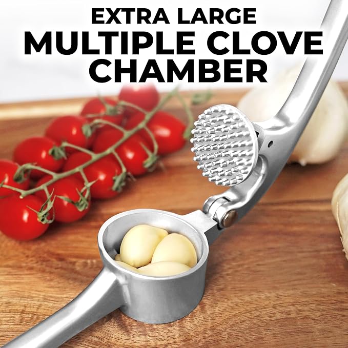 Zulay Kitchen Large Premium Garlic Press Set - Bigger Bowl for Bigger Garlic - Rust Proof Garlic Mincer Tool - Easy-Squeeze, Easy-Clean Silicone Garlic Peeler & Brush (Chrome)