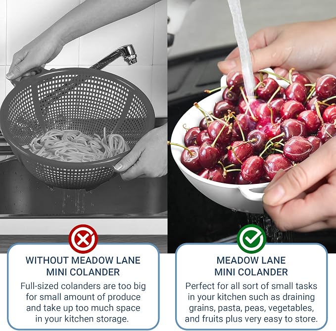 Meadow Lane 6-inch Small Colander, BPA-Free, Dishwasher Safe, Double Handles, Compact Food Strainer for Berries, Veggies and Pasta, 3-Cup Capacity, Smooth White