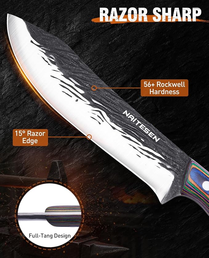 Naitesen 3PCS Hand Forged Butcher Knife Set - Gold-Stamped Gift Box | 15° Razor Sharp 6.5" Serbian Chef Knife, 8.5" Meat Slicer & 6.5" Boning Knife for Meat Cutting Kitchen Cooking BBQ