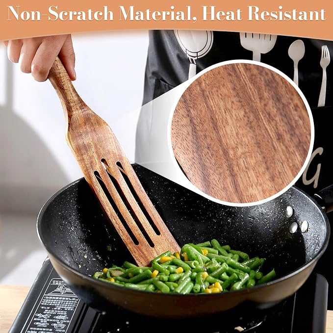 5Pcs Wooden Spurtle Set, Natural Acacia Wood Kitchen Utensils Set for Cooking, Stirring, Mixing, Serving, Heat Resistant Non-Stick, Wooden Spurtles for Mom, Wife Cooking Gifts
