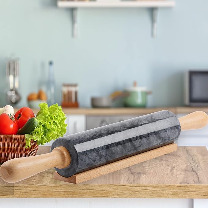 Marble Rolling Pin with Wooden Cradle Thick Handle Set for Baking,18.5 inch Premium Quality Polished Roller for Pizza Dough,Fondant,Pie Crust,Non-Stick Surface Easy to Clean(Black)