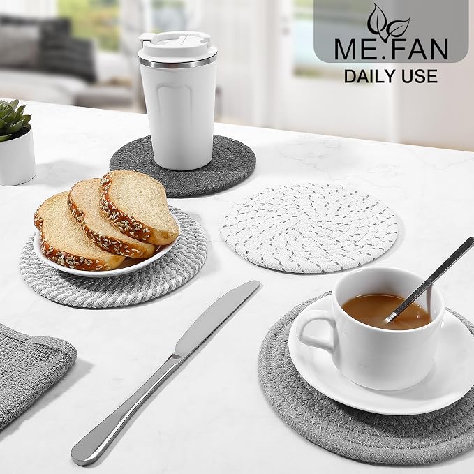 ME.FAN 8 Inch Trivets for Hot Dishs, 8 Set Cotton Thread Weave Trivets for Hot Pans, Potholders, Large Coasters, Hot Pads, Hot Mats to Protect Desktop & Countertop, Kitchen Essentials Grey