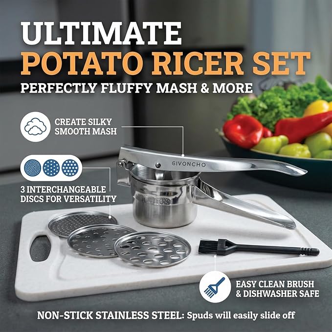 Stainless Steel Potato Ricer, Heavy Duty Potato Press & Masher with 3 Interchangeable Discs, Ergonomic Handle, Dishwasher Safe for Mashed Potatoes, Vegetables & Baby Food