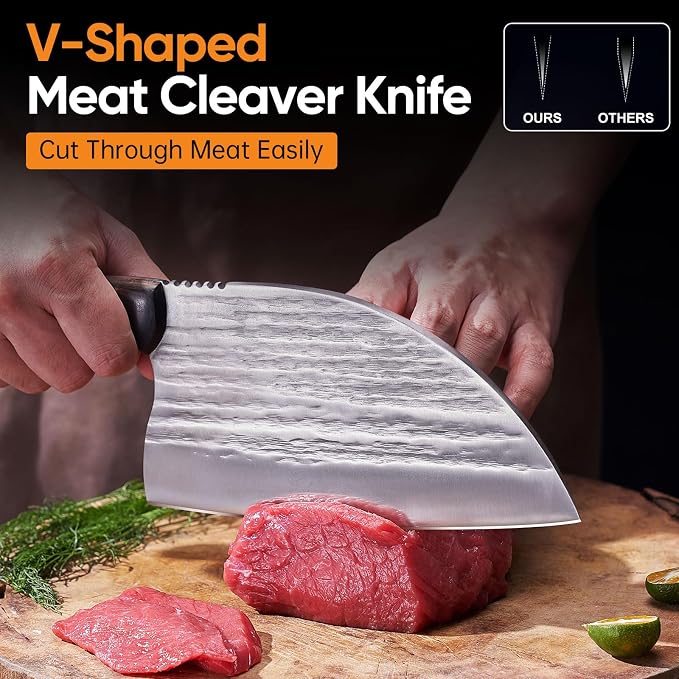 3PCS Meat Cleaver Knife Set - Serbian Chef Knife, Hand Forged Butcher Knife Boning Knife Meat Cutting Knives for Kitchen Camping BBQ