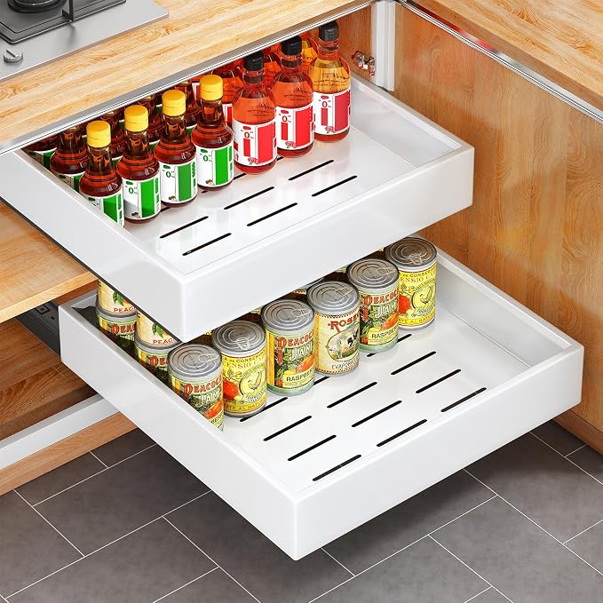 2Pack Pull out Cabinet Organizer, 21"Deep, Heavy Duty Full-extension Slide out Drawers for Kitchen Cabinet, Roll out Shelf Storage with Nano Adhesive for Pots,17"W x 21"D x 3.1"H, White
