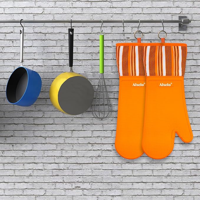 Alselo Oven Mitts Heat Resistant Silicone Kitchen Gloves for 550 Degrees with Waterproof and Non-Silp, Oven Gloves for Baking Cooking Barbecue Microwave Machine Washable (Extra Long Orange, 2)