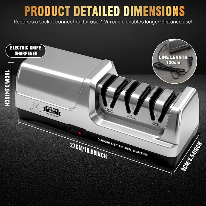 Electric Knife Sharpener for Kitchen—Fast Sharpening to Restore and Polish Chef Straight and Serrated Knives with 3 Stages & 20° Angle System with Metal Dust Box