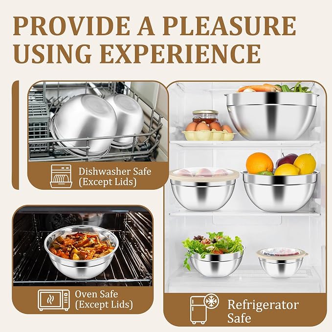 P&P CHEF Mixing Bowls with Visible Airtight Lids Set of 5, 10-Piece Stainless Steel Mixing Nesting Bowl, Metal Bowl with Lid for Kitchen Prepping & Storing, Size 4.6, 3, 1.5, 1, 0.7 QT, Khaki