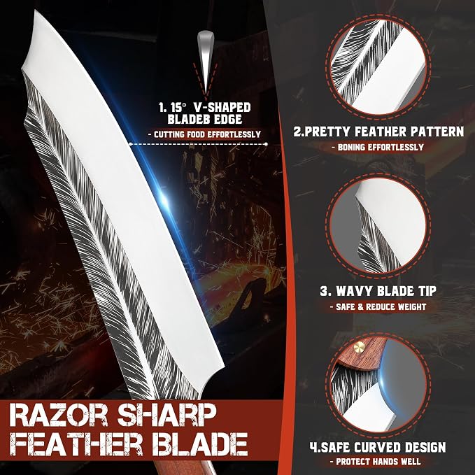 ROCOCO Feather Viking Boning Knife - Butcher Meat Cleaver Birthday Father Mother Christmas Gift Men 8.6"