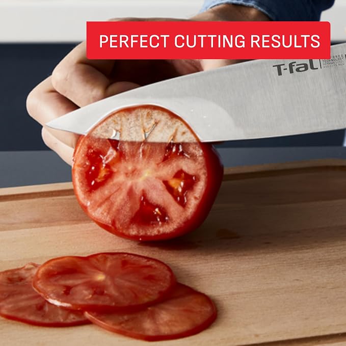T-fal Ice Force German Stainless Steel Kitchen Knife Set and Wood Block 8 Piece, Long Lasting Sharpness, High Cutting Precision, Superior Durability, Ultra Sharp Blades, Cookware Kitchen Gadget Black