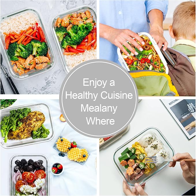 VERONES 10 PACK 22 OZ Glass Meal Prep Containers Set with Lids, White | Airtight Glass Lunch Containers Set, Glass Food Storage Containers, for Microwave, Oven, Freezer & Dishwasher Friendly