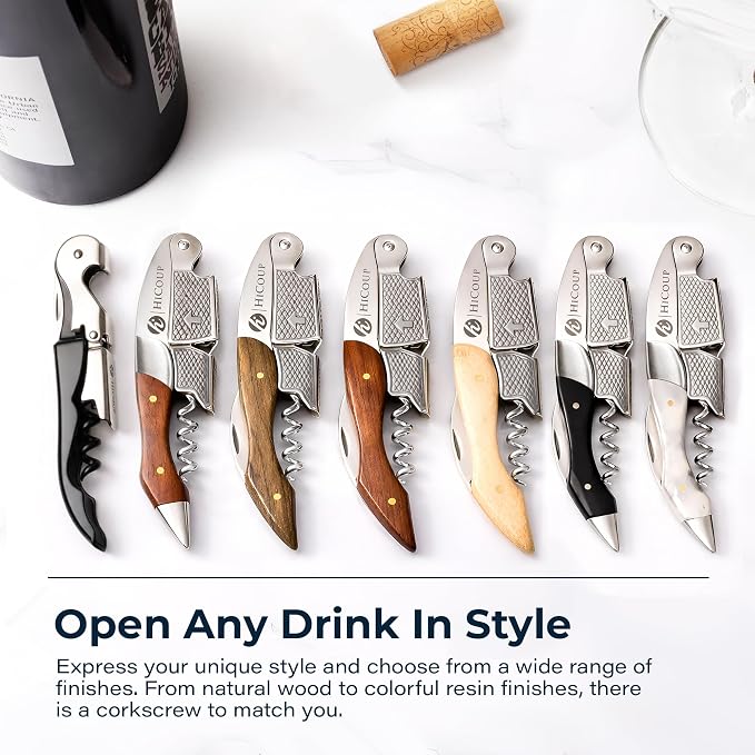 HiCoup Kitchenware Wine Opener - Professional Corkscrews for Wine Bottles w/Foil Cutter and Cap Remover - Manual Wine Key for Servers, Waiters, Bartenders and Home Use - Stainless Steel Black