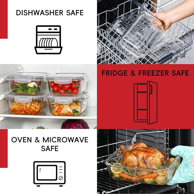 4 Pack 8 Cups/ 63oz Large Glass Storage Containers with Lids, Meal Prep Containers, Glass Food Storage with Airtight Lid for Baking, Leak Proof & Microwave, Oven Safe (4 Containers + 4 Lids)