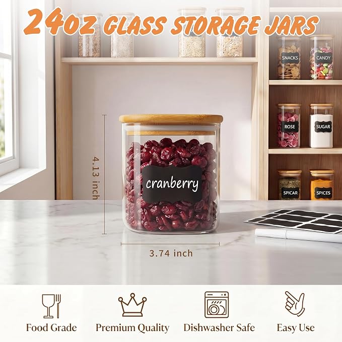 SENTVEND 24 Oz Glass Jars - 6 Pack Food Storage Containers with Lids Square | Food-grade durable clear canister, Bamboo seal cover, Stackable, BPA-Free, Ideal for sorting oats, Coffee beans, Nuts & More